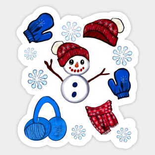 Winter Snowman hat mittens gloves scarf and snowflakes - pattern -  snug in a snowflake themed scarf Sticker